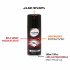 Insette Safari 150ml body spray feature infographic highlighting long-lasting fragrance, bold safari scent, 150ml size and all-day freshness