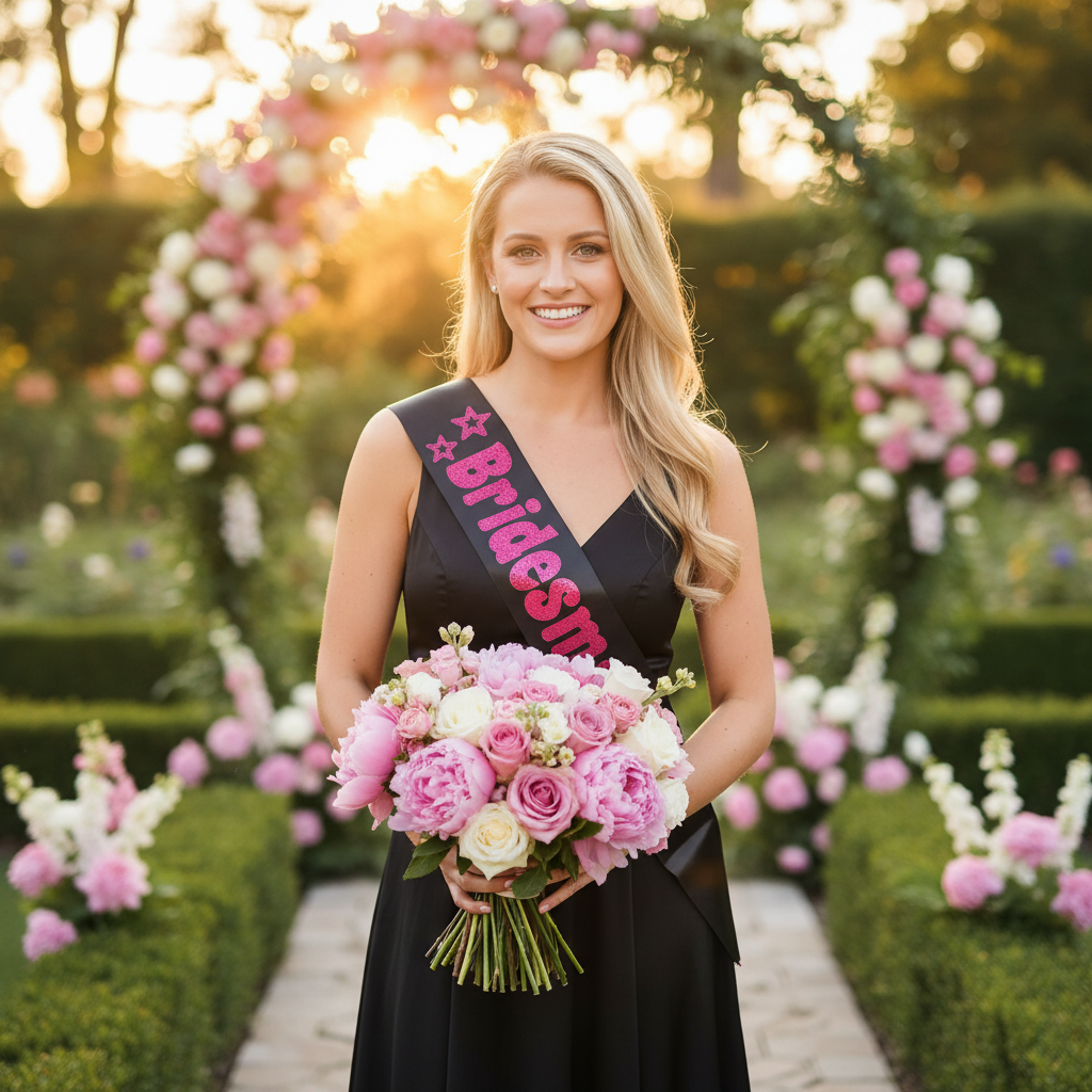 Bridesmaid wearing black satin sash with hot pink foil Bridesmaid lettering, holding a pink bouquet in an outdoor garden wedding setting at golden hour