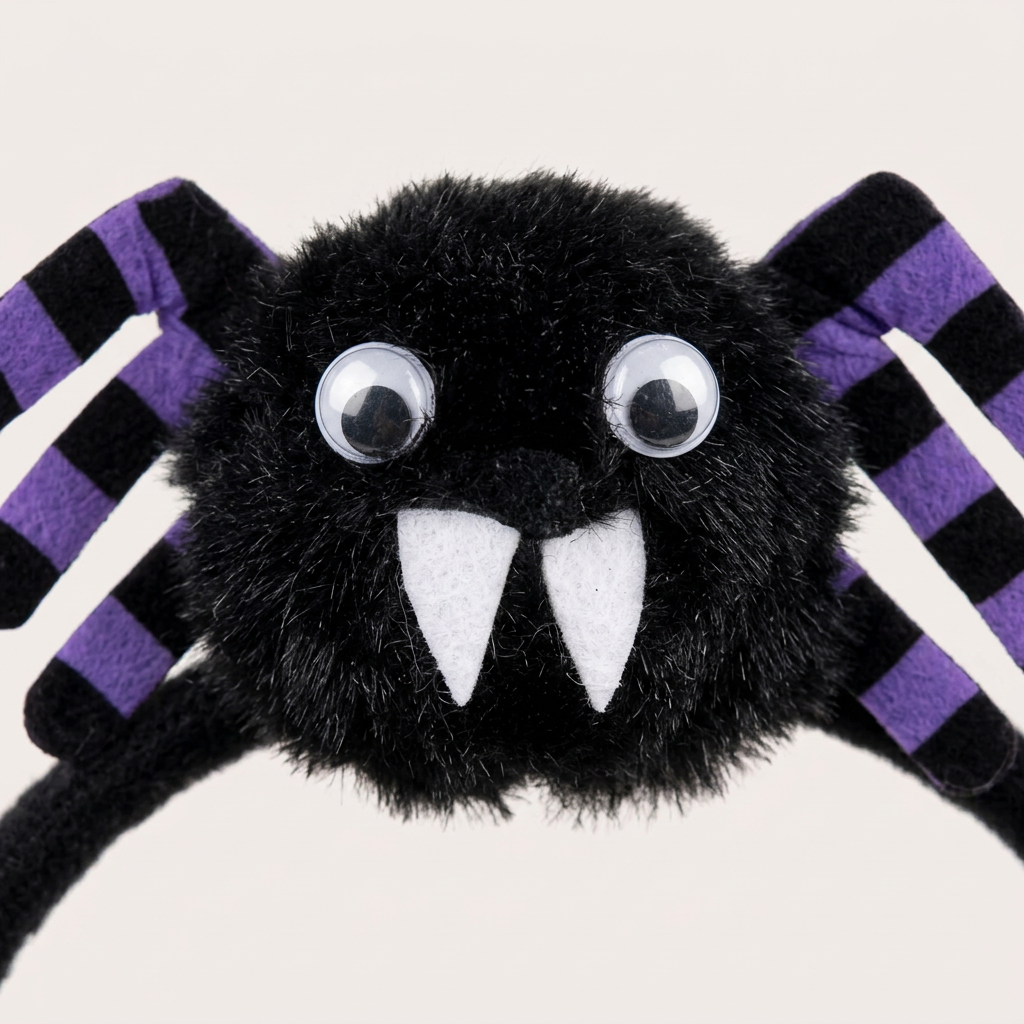Close-up of a black spider decoration showing googly eyes, white fangs and purple striped legs