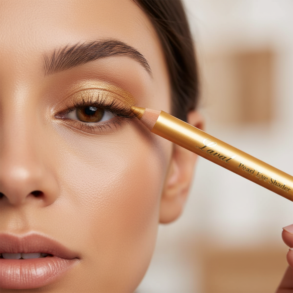 Woman applying Laval Pearl Gold eyeshadow pencil to create glamorous shimmering eye makeup look