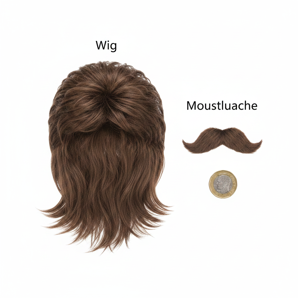 Flat lay of 70s brown mullet wig and moustache set beside a £1 coin showing product scale