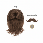 Flat lay of 70s brown mullet wig and moustache set beside a £1 coin showing product scale