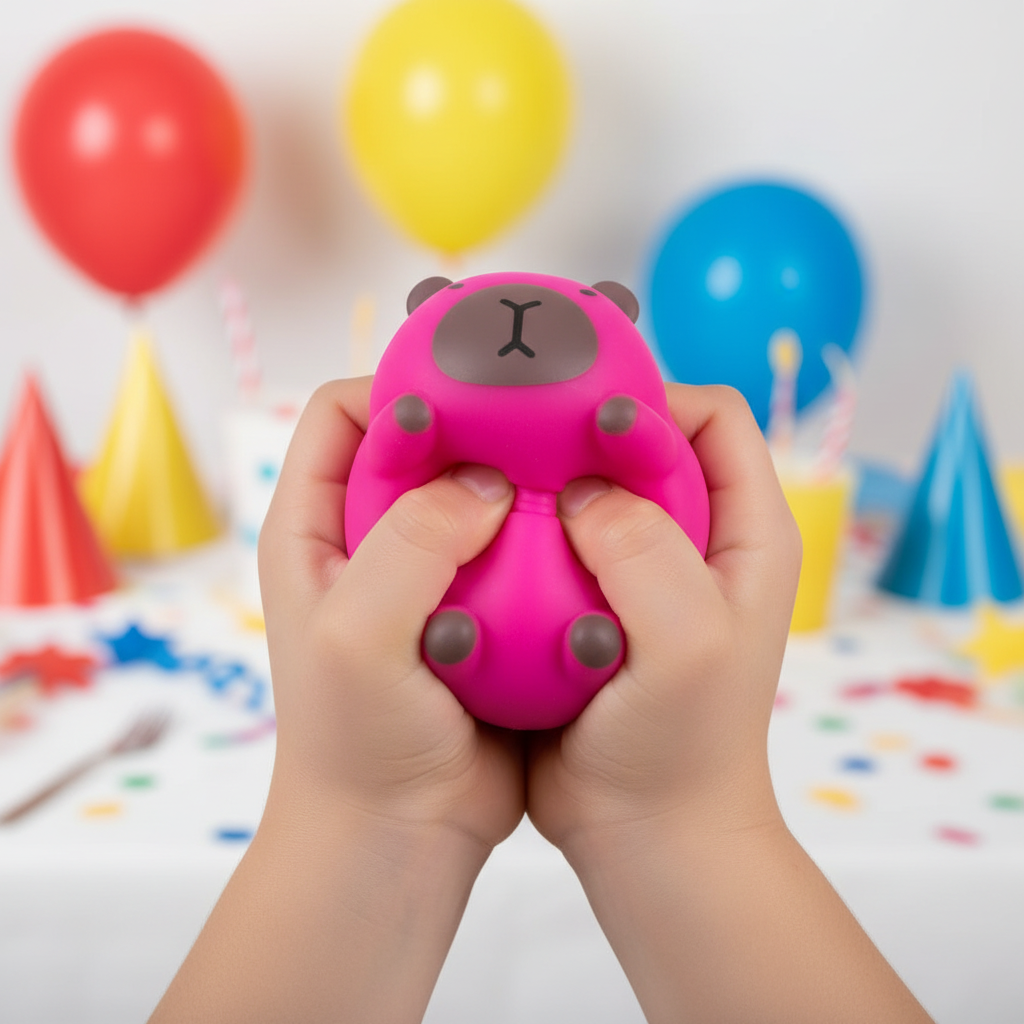 Child's hands squeezing hot pink stretchy capybara squeeze toy at birthday party