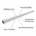 Clear cellophane wrap 20m x 75cm feature infographic showing key product specifications