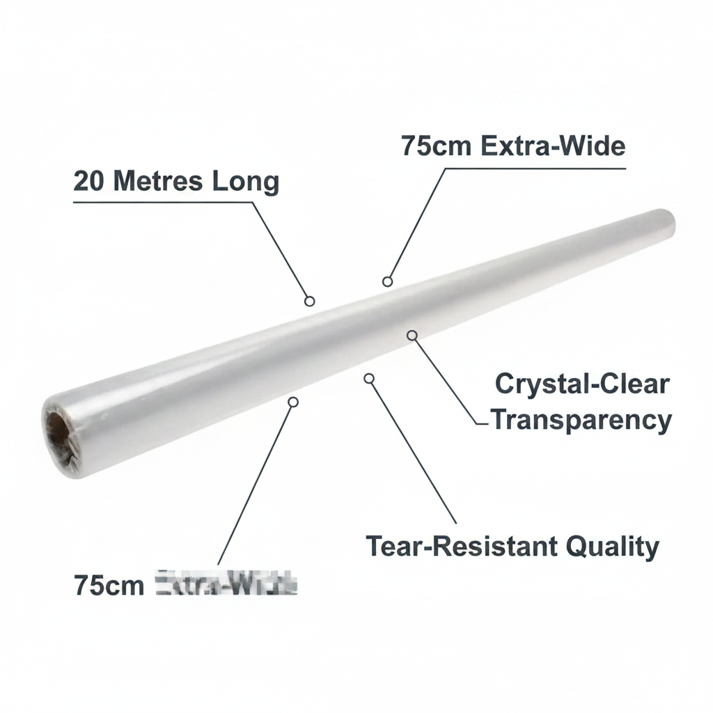Clear cellophane wrap 20m x 75cm feature infographic showing key product specifications