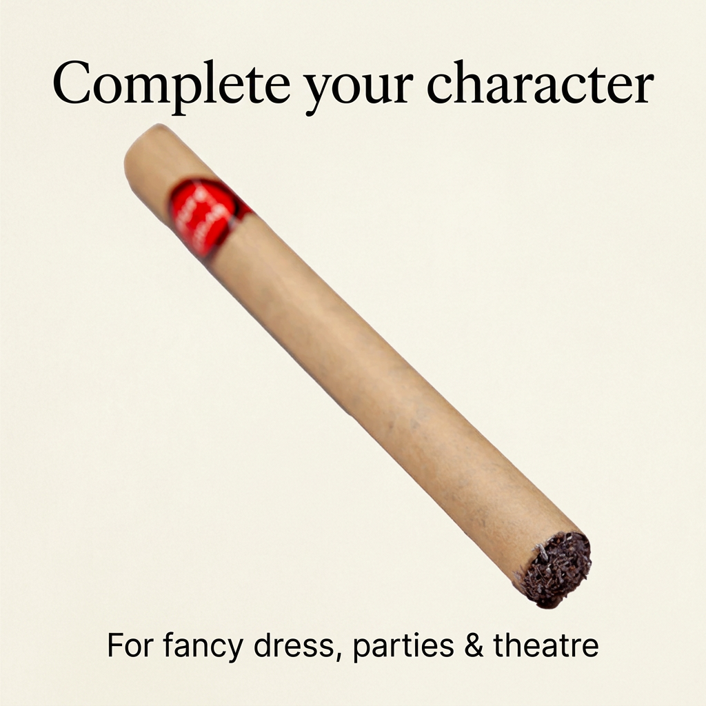 A single tan cylindrical costume accessory with a red band and dark tip, shown diagonally on a light beige background with the text 'Complete your character' at the top and 'For fancy dress, parties & theatre' at the bottom.