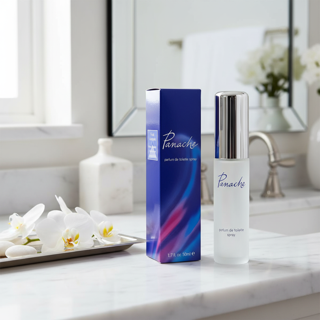 Panache perfume styled on an elegant vanity with natural window light, white flowers and silver tray