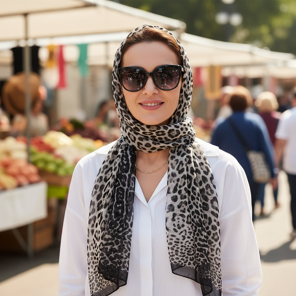 Confident woman wearing a black and beige chiffon animal print scarf as a headscarf at a vibrant outdoor market festival