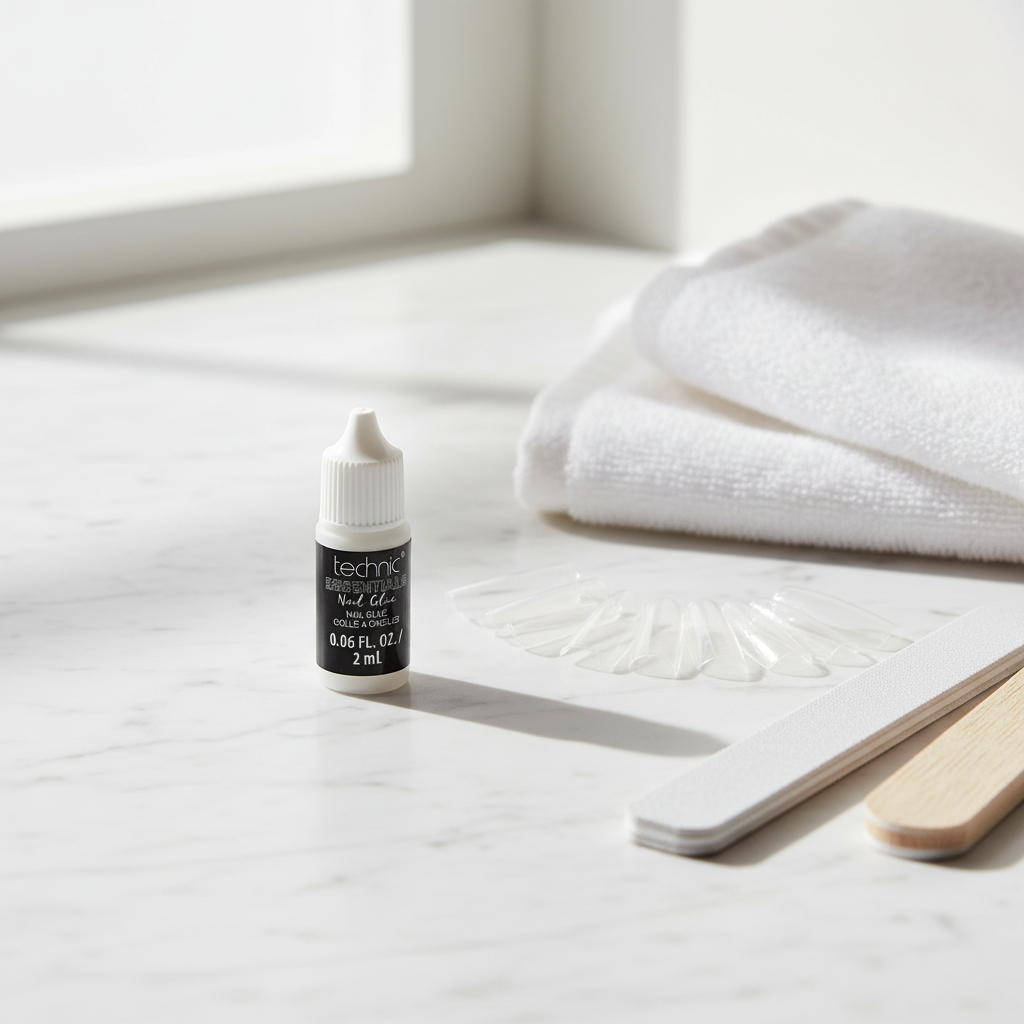 Technic Essentials Nail Glue 2ml on marble vanity beside false nails and nail file — natural window light lifestyle shot