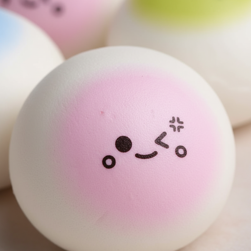 Extreme macro close-up of soft pink kawaii squishy bao bun showing smooth slow-rise foam texture and cute kawaii face detail