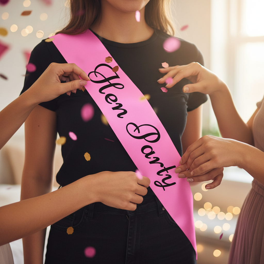 Close-up of pink hen party sash with friends adjusting it amid falling pink and gold confetti