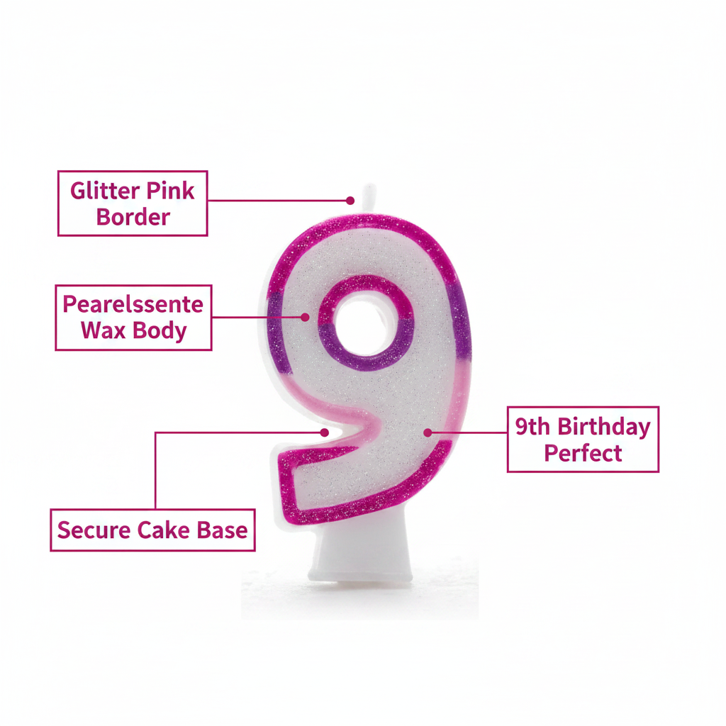 Pink Number 9 Birthday Candle feature infographic showing glitter border, pearlescent wax, secure base and even burn