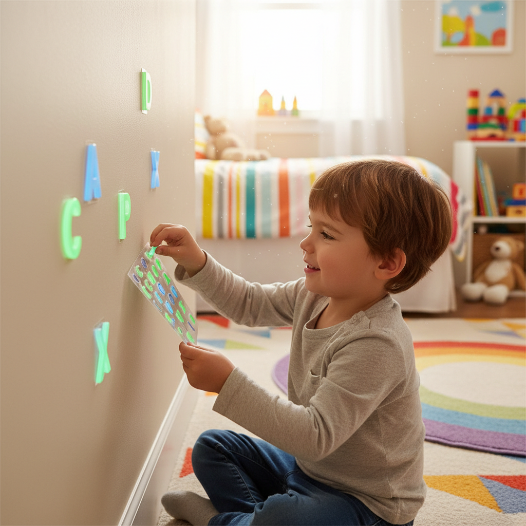 Young child peeling and sticking glow in the dark alphabet letter stickers onto a bedroom wall