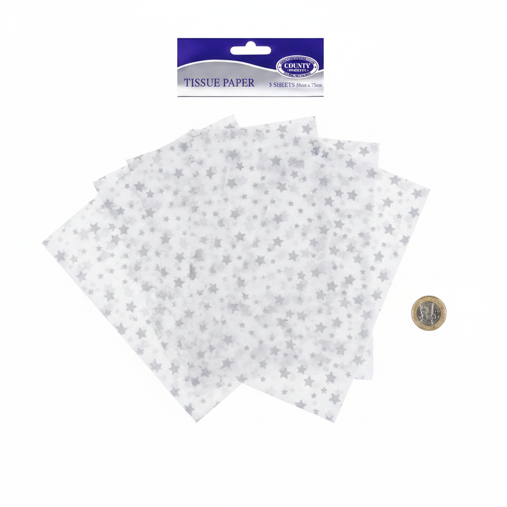 Silver star tissue paper pack of 5 flat lay beside £1 coin showing sheet size