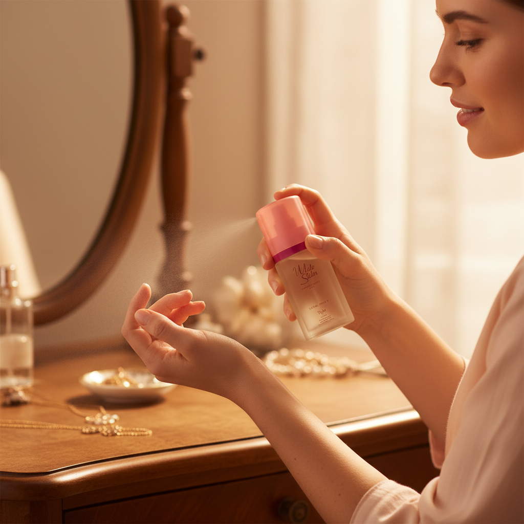 Woman spritzing Taylor of London White Satin EDT onto her wrist, candid lifestyle shot with bokeh background