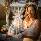Beautiful cellophane-wrapped gift hamper being handed to a smiling woman at a celebration