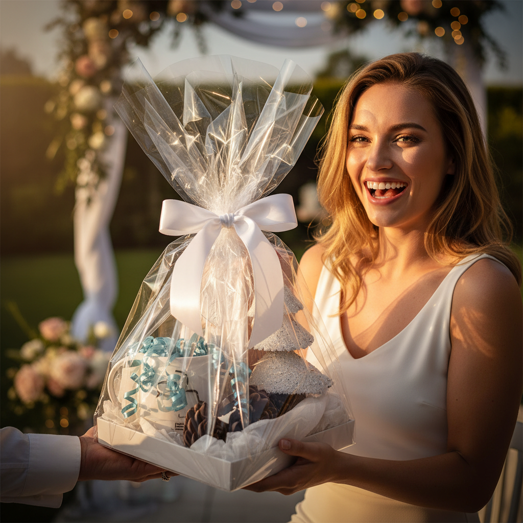 Beautiful cellophane-wrapped gift hamper being handed to a smiling woman at a celebration
