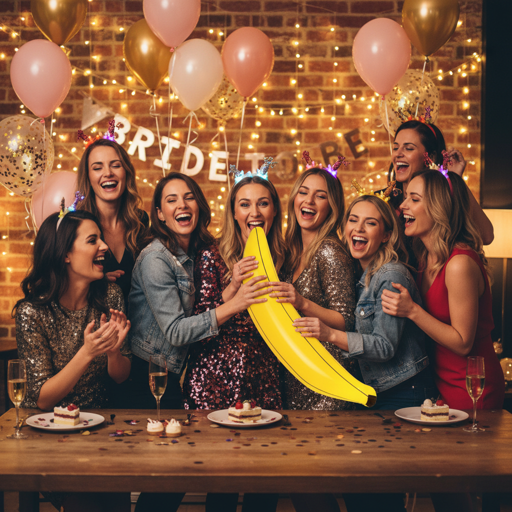 Women at a hen party posing and laughing with an inflatable banana 80cm