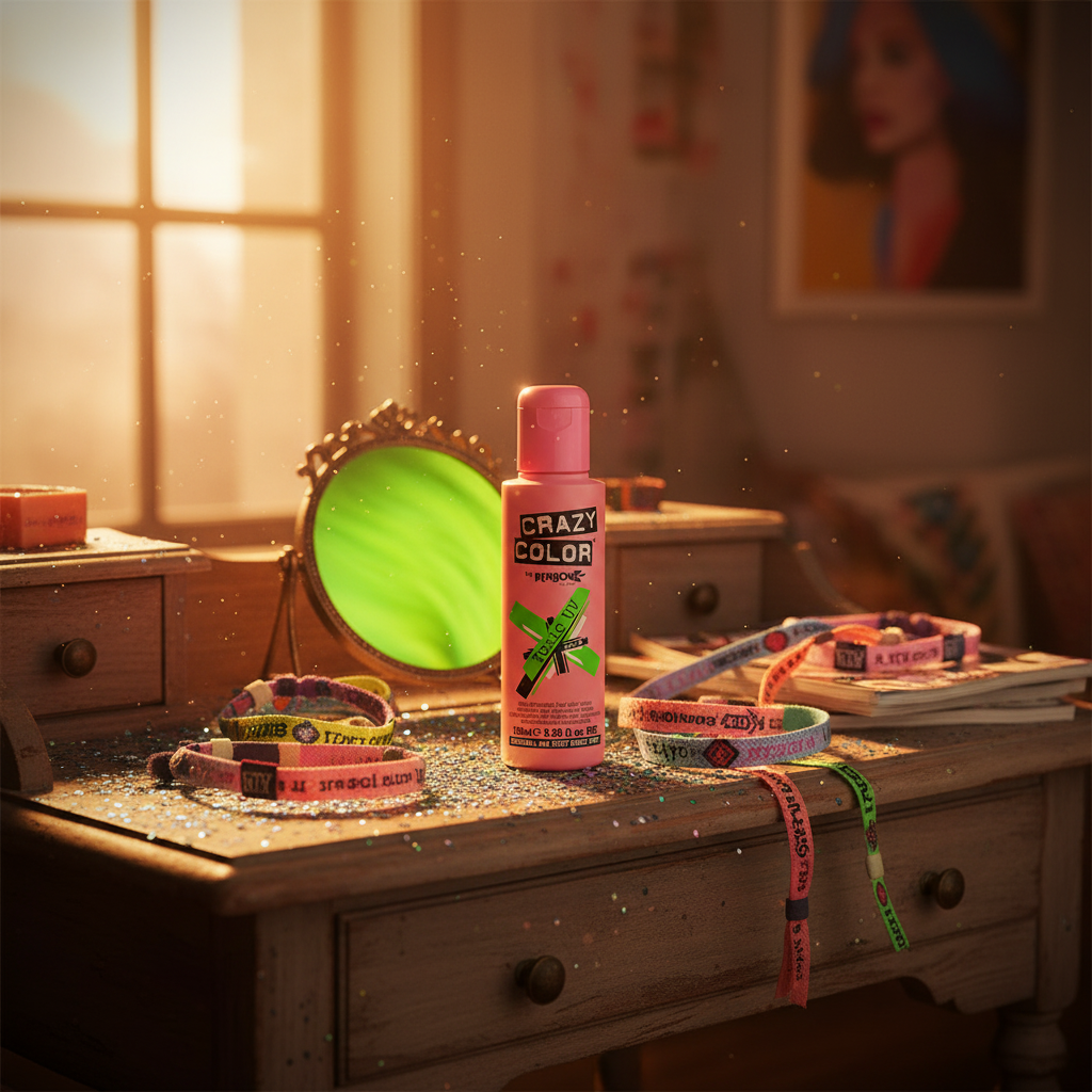 Crazy Color Toxic UV Green Hair Dye styled on a vanity with festival accessories in warm golden hour light, aspirational lifestyle scene
