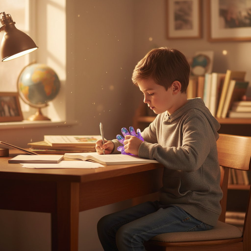 Boy squeezing a purple Stretch and Squeeze Hand Gel Toy while doing homework at a desk in a warm golden hour home study setting