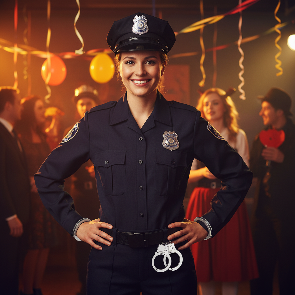 Person in complete police fancy dress costume with chrome metal handcuffs on belt, confident character look