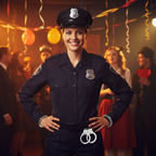 Person in complete police fancy dress costume with chrome metal handcuffs on belt, confident character look