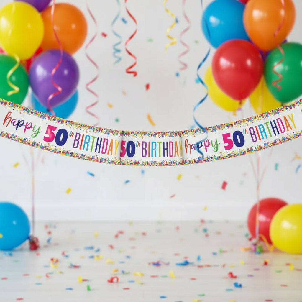 Happy 50th Birthday foil banner with multi-coloured confetti - 9ft party decoration product shot