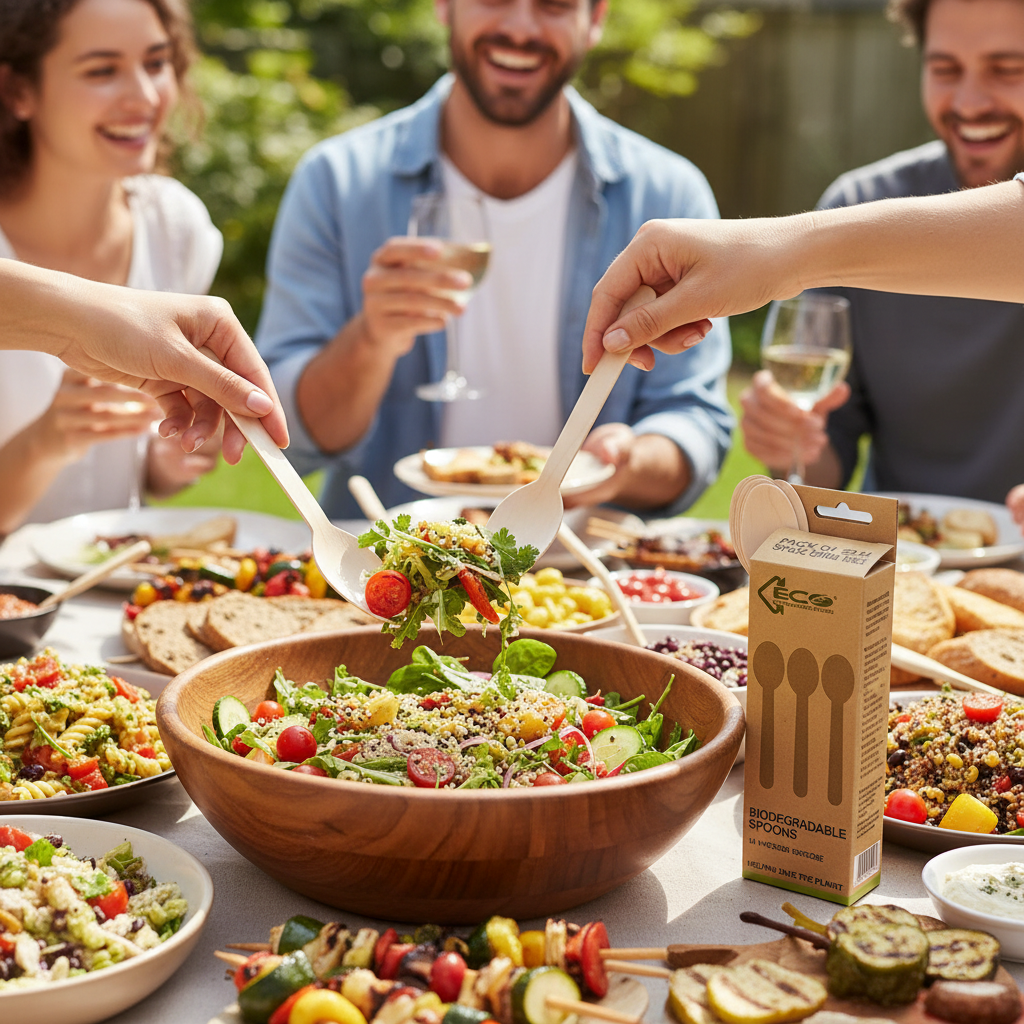 Eco birchwood wooden spoons being used to serve food at a sunny outdoor BBQ party