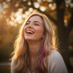 Woman laughing with fuchsia Stargazer hair extension streak in golden hour sunlight, aspirational lifestyle shot