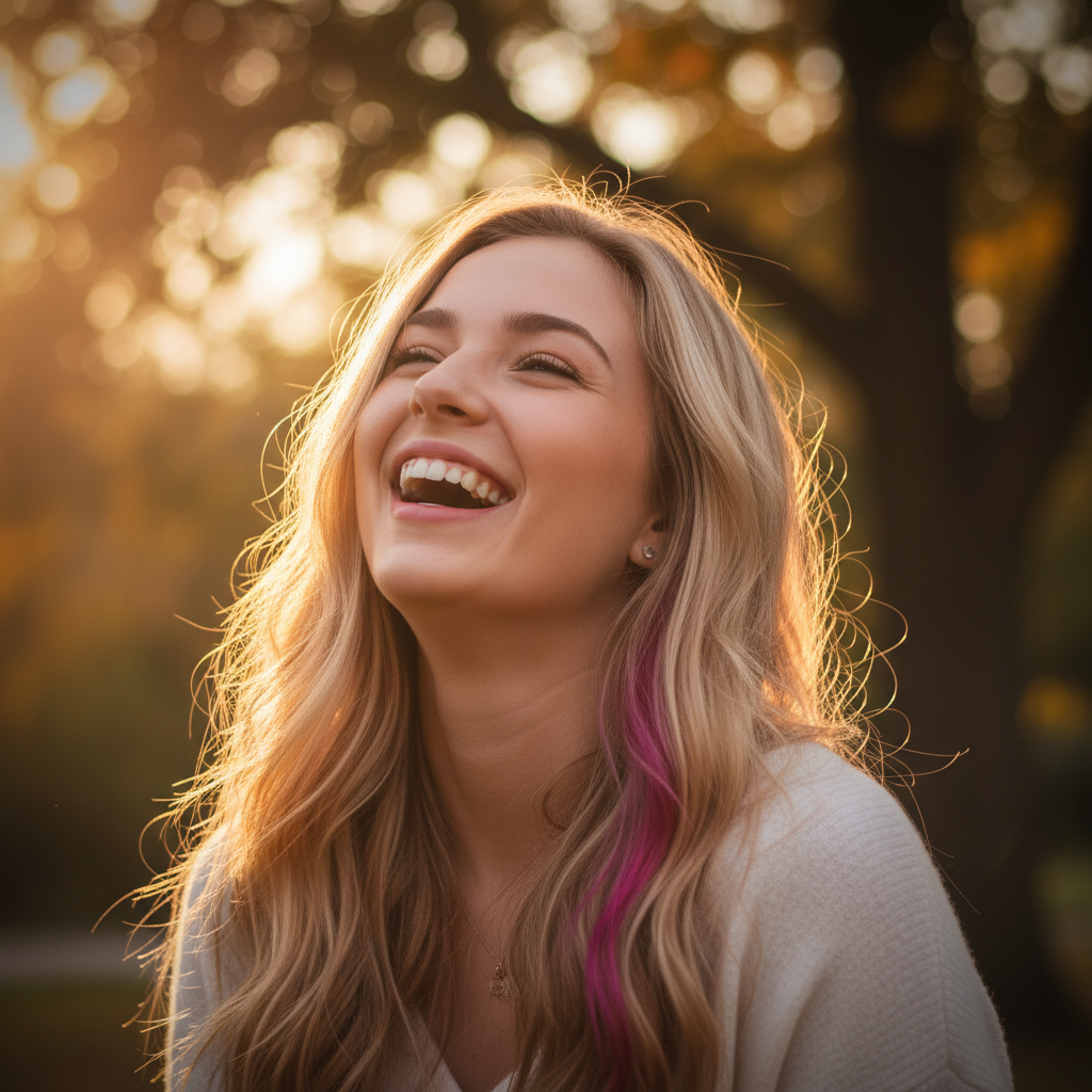 Woman laughing with fuchsia Stargazer hair extension streak in golden hour sunlight, aspirational lifestyle shot