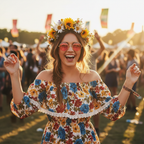 Young woman wearing hippy glasses with pink lenses at a sunny outdoor music festival, laughing and dancing in boho outfit
