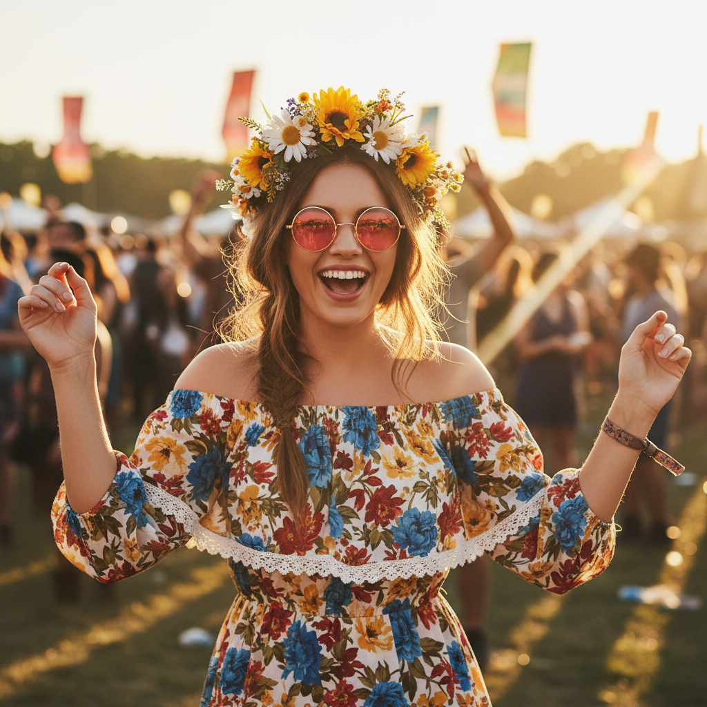 Young woman wearing hippy glasses with pink lenses at a sunny outdoor music festival, laughing and dancing in boho outfit