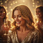 Glamorous woman with gold glitter shimmering hair at a New Year's Eve party, showcasing the aspirational result of Party Success Gold Glitter Hair Spray