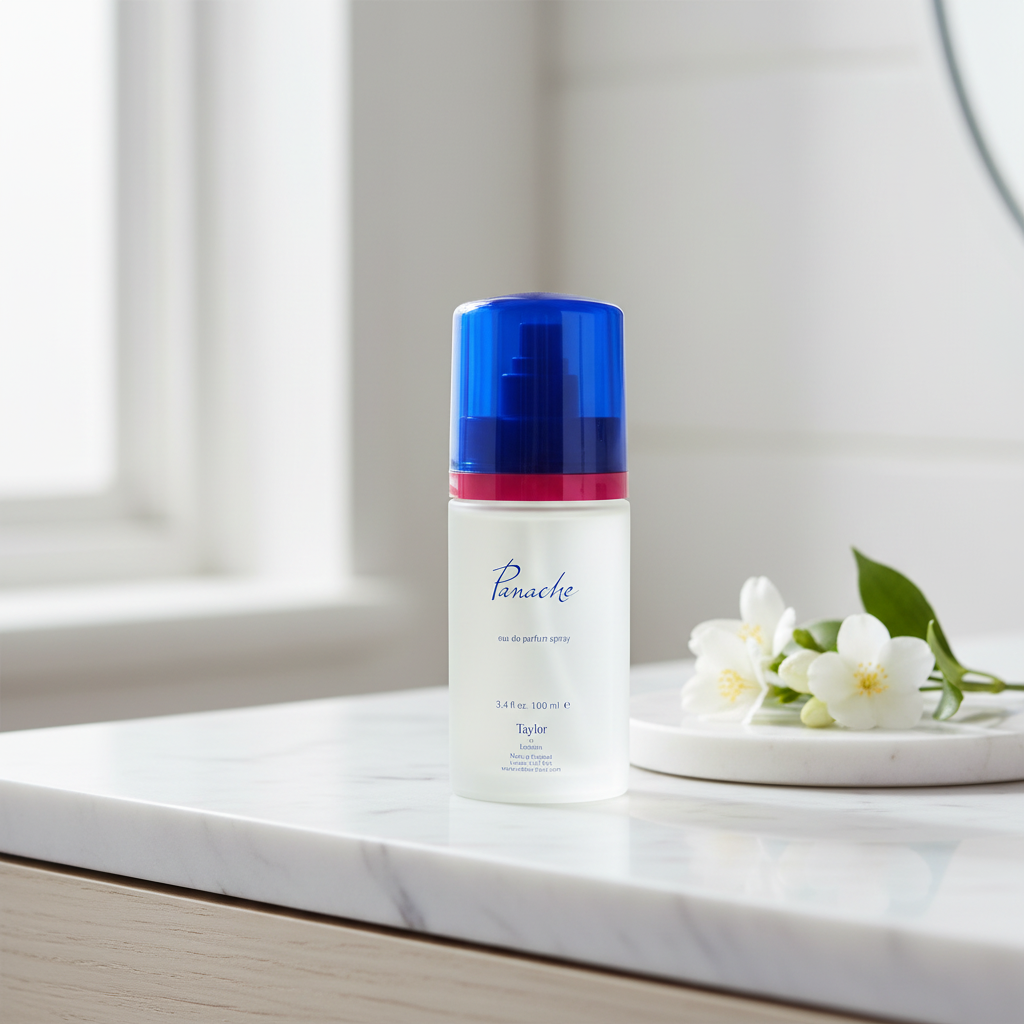 Panache EDP 100ml on white marble vanity with fresh white flowers, natural window light
