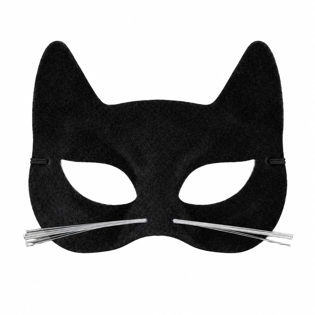Black velour cat mask with pointed ears and white whiskers on a white background