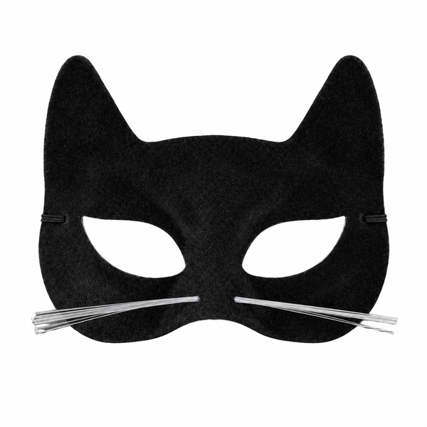 Black velour cat mask with pointed ears and white whiskers on a white background