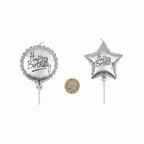 Silver birthday candle packaging flat lay beside a £1 coin on white background showing 6.5cm product size