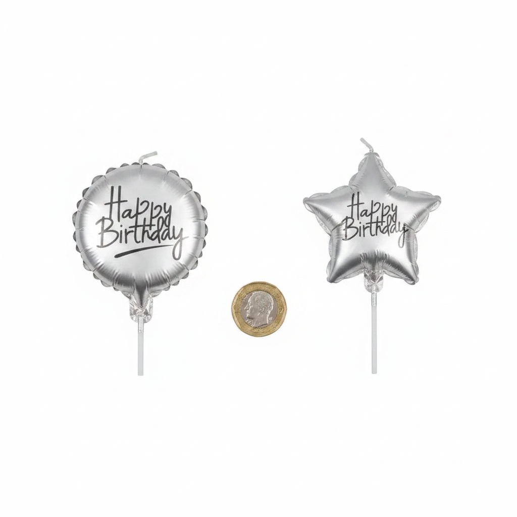 Silver birthday candle packaging flat lay beside a £1 coin on white background showing 6.5cm product size