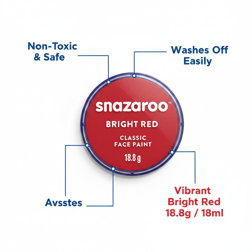 Snazaroo Classic Bright Red Face Paint 18ml infographic showing key features: non-toxic, washes off easily, vibrant colour, 18.8g