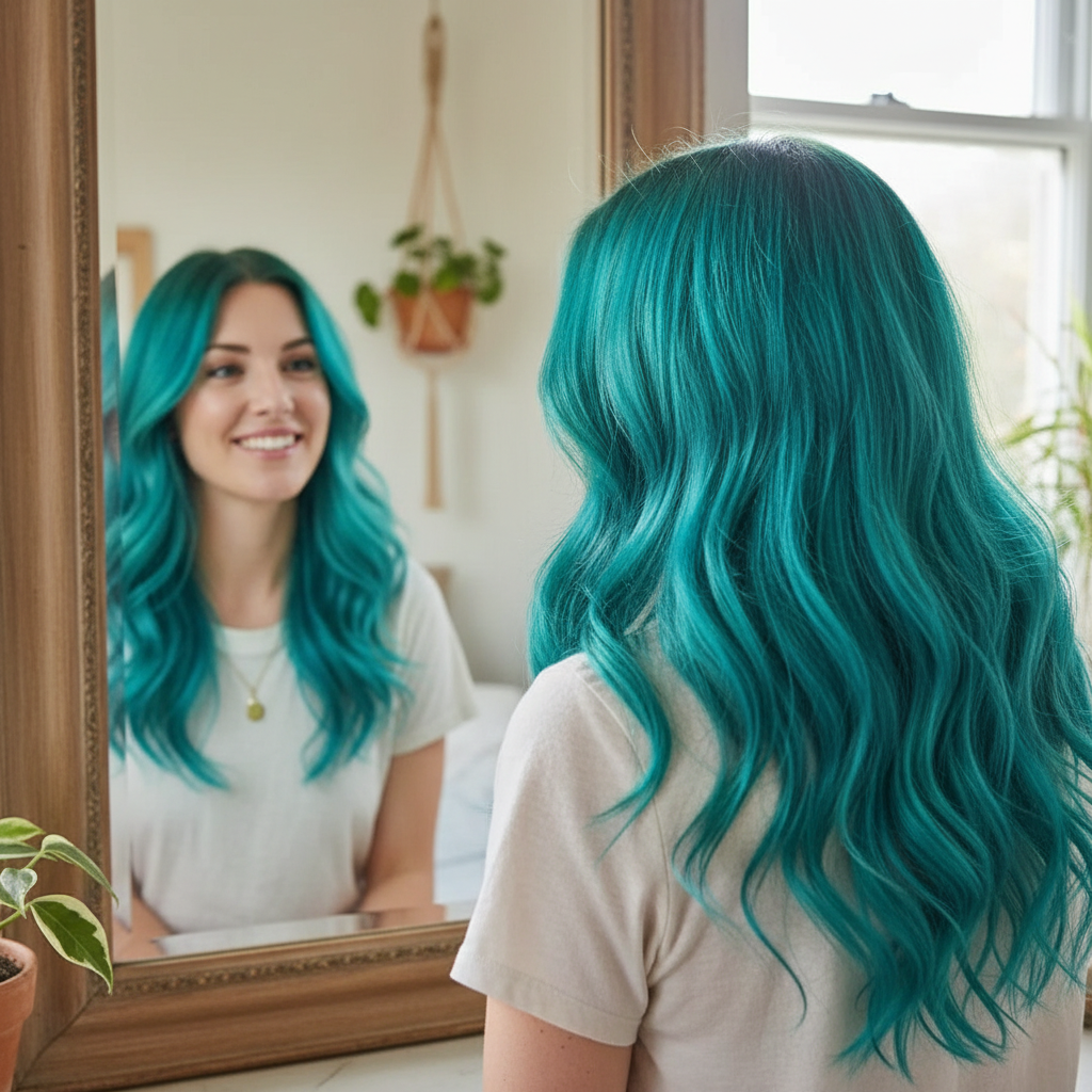 Woman admiring her vibrant turquoise hair in a mirror, showing the beautiful result of La Riche Directions Turquoise hair dye