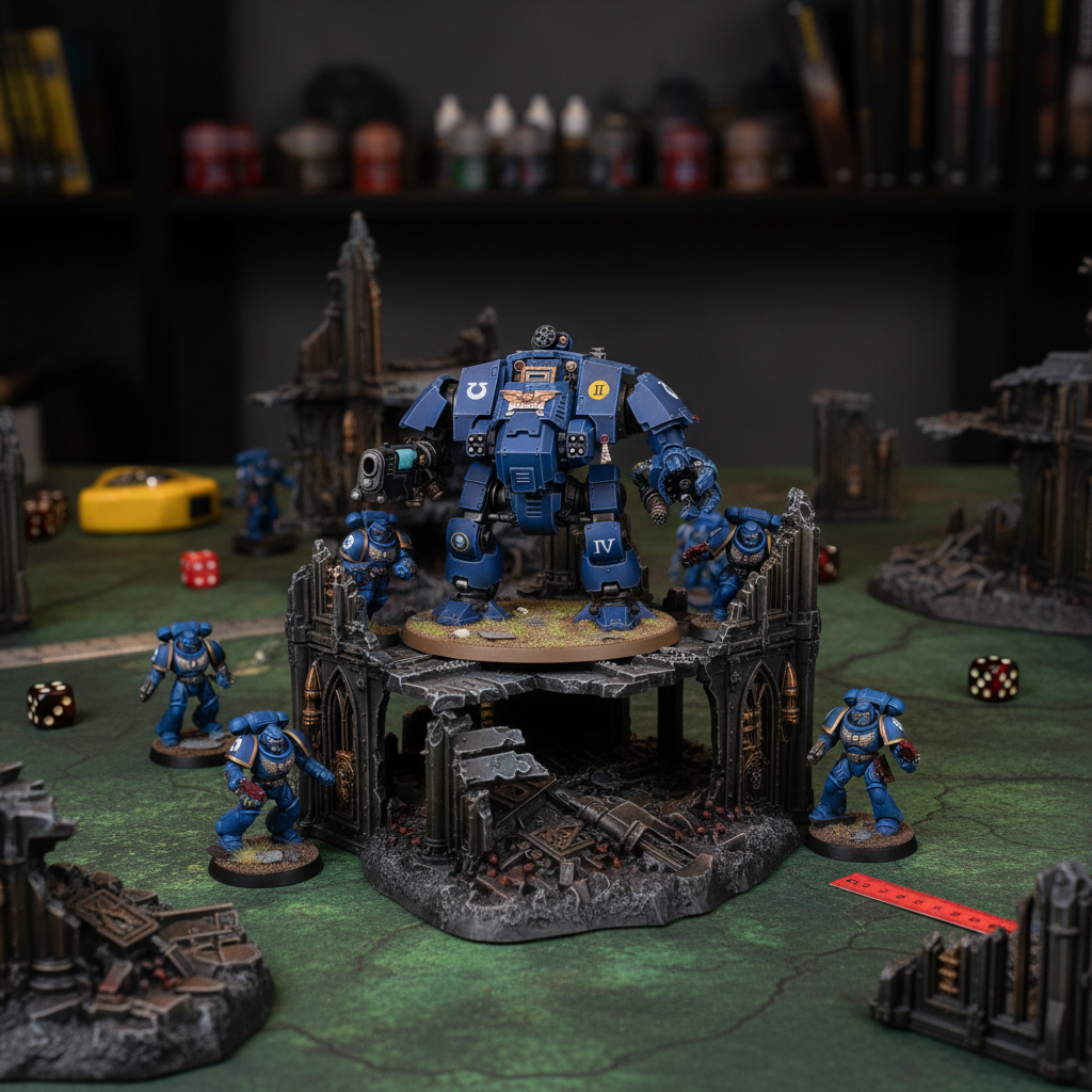 Painted Primaris Redemptor Dreadnought on Warhammer 40k gaming table