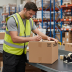 Warehouse worker using a Tallon black chisel tip permanent marker to label cardboard boxes