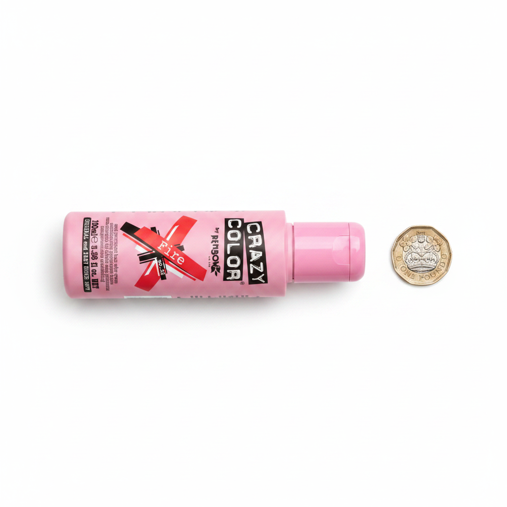 Crazy Color Fire Red No.56 100ml hair dye bottle beside a UK £1 coin on white background to show product size