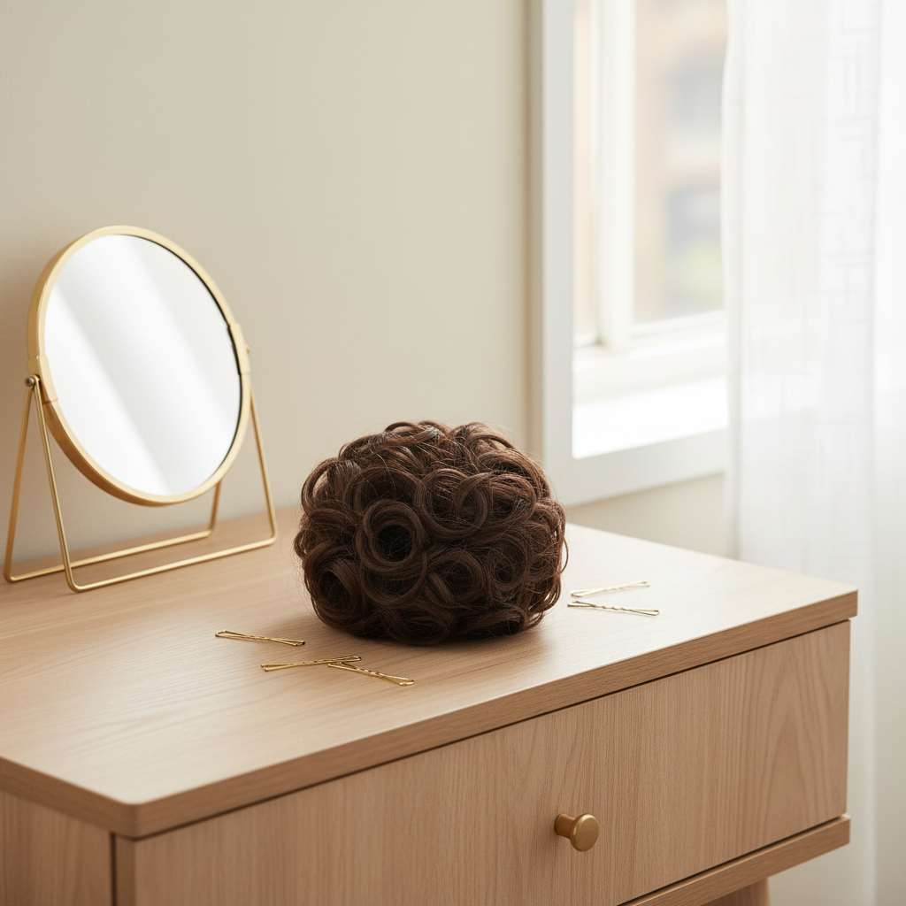 Warm chestnut brown curly messy hair bun shade 6 Daylillies on a dressing table vanity with natural window light, interior magazine styling