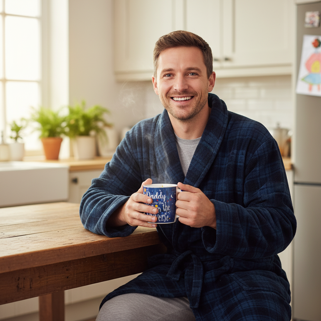 Happy dad in dressing gown holding Best Daddy In The Universe mug on a Sunday morning