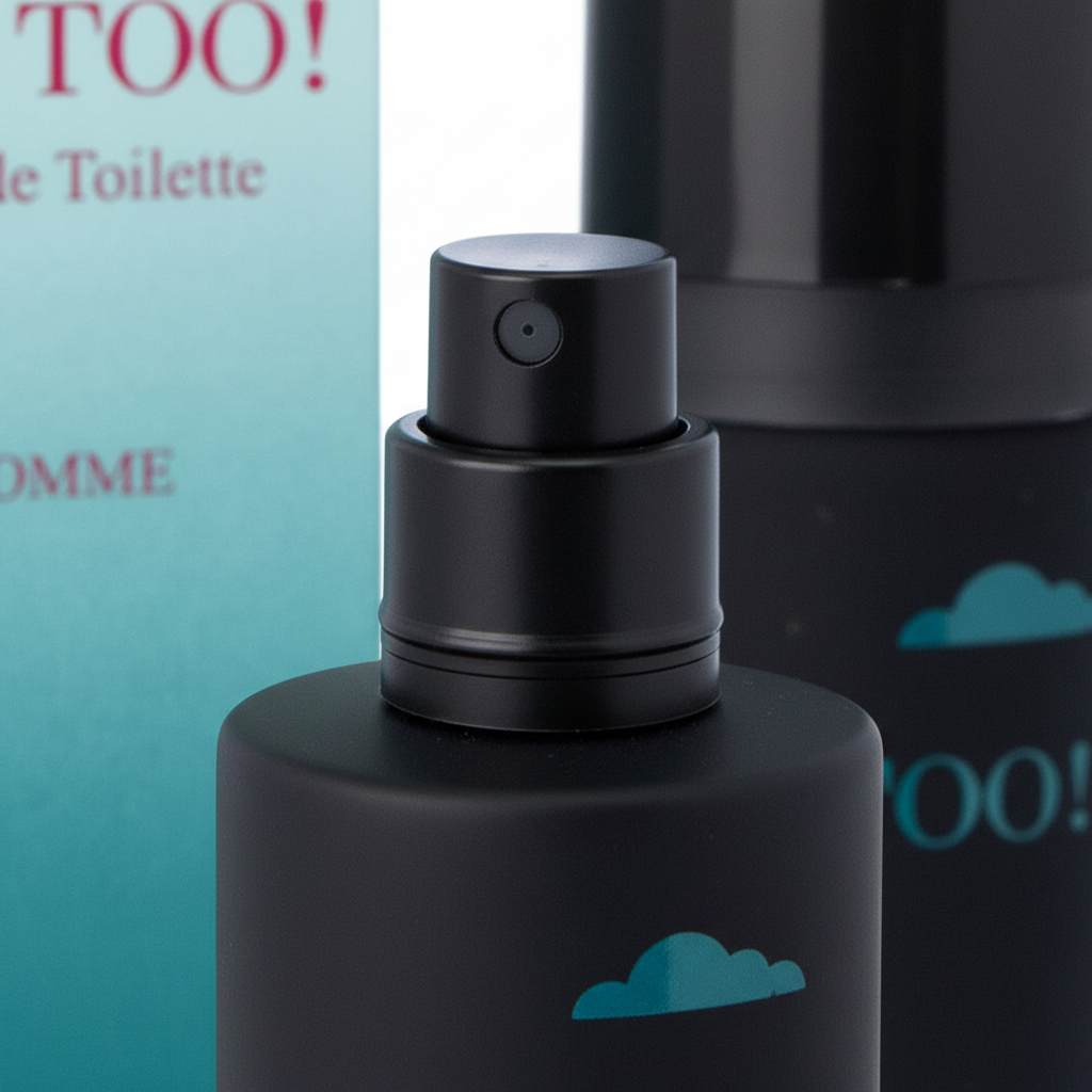 Extreme macro close-up of Me Too Homme black EDT bottle spray nozzle with teal branding detail