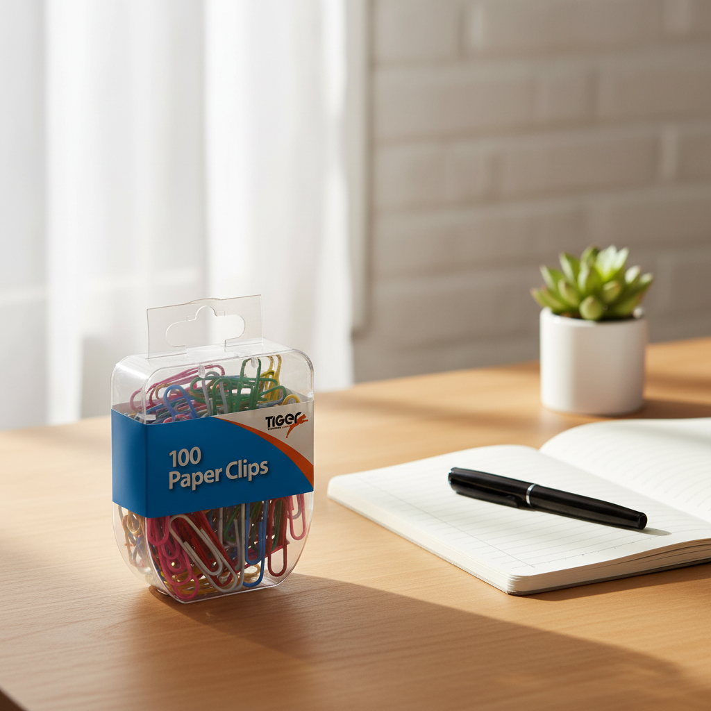 Tiger Stationery 100pcs assorted colour paper clips box on a tidy home office desk beside a notebook, pen and plant in natural window light