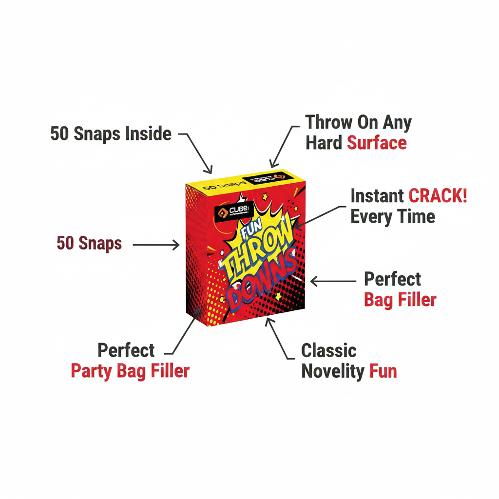 Fun Snaps box feature infographic showing 50 snaps inside, throw on any surface, instant crack, party bag filler, classic novelty fun