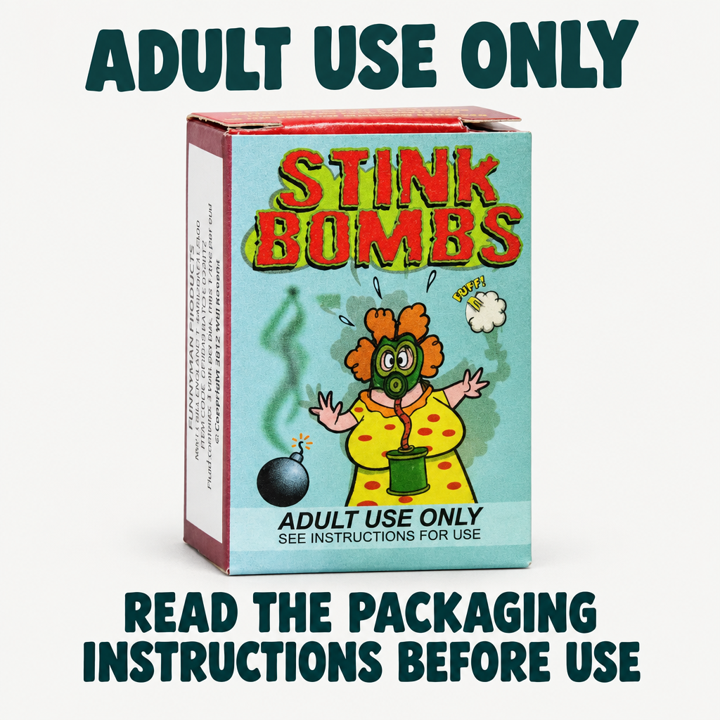 Stink Bombs box with adult-use-only caption and reminder to read packaging instructions