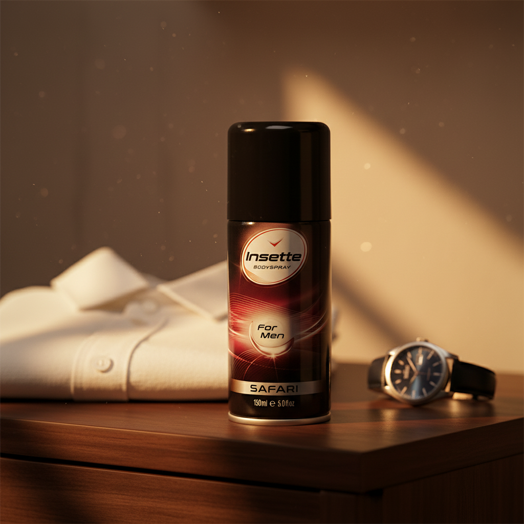 Insette Safari mens body spray on dark wooden shelf with golden hour light, white shirt and watch, aspirational lifestyle scene